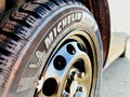 Close-up of new Michelin Alpin 6 Premium touring winter tyre mounted on a new