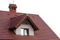 Close up of new orange roof with chimney and small modern window. Concept of modern roof with stylish small brown window Royalty Free Stock Photo