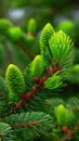 Close-up of New Spring Spruce Cones and Needles on Evergreen Tree Branch Royalty Free Stock Photo