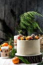 Close up. New Year`s Cake, decorated various berries. Gray wooden background