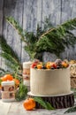 Close up. New Year`s Cake, decorated various berries. Nearby are orange tangerines, burning festive candles