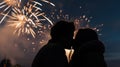 Close-up of a New Year's kiss, blurred background of fireworks in the sky. Silhouette of a loving couple.