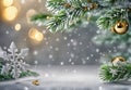 Close-up of a New Year\'s tree branch with golden toys on a bokeh-blurred background. Royalty Free Stock Photo