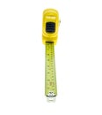 Close up new yellow measuring tape isolated on white Royalty Free Stock Photo