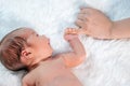 Newborn baby boy holding little finger of mother`s hand Royalty Free Stock Photo