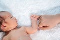 Newborn baby boy holding little finger of mother`s hand Royalty Free Stock Photo