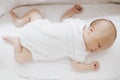 Close up newborn baby boy sleeping in the crib. Horizontal photo Royalty Free Stock Photo