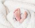 Newborn baby feet covered in plush lining blanket Royalty Free Stock Photo