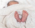 Newborn baby feet covered in plush lining blanket Royalty Free Stock Photo
