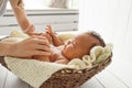 Close-up of newborn child playing with mother Royalty Free Stock Photo