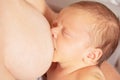 Close-up of newborn infant a baby breastfeed from mother