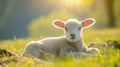 Close up of a newborn lamb in Springtime, laying down in lush green field and facing forward. Clean green background Royalty Free Stock Photo