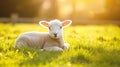 Close up of a newborn lamb in Springtime, laying down in lush green field and facing forward. Clean green background Royalty Free Stock Photo