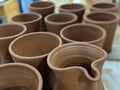 Newly made clay pots in an old pottery factory