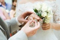 Close-up of newly-married putting on the rings