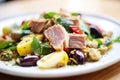 close-up on a nicoise salads tuna chunks with visible seasoning Royalty Free Stock Photo