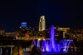 Night scene Fountain, lake at the Heartland of America Park, Riverfront downtown Omaha Nebraska USA Royalty Free Stock Photo