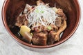 Close-up Nikujaga including beef, potato and radish stew topping with sliced radish and scallion in brown ceramic bowl on washi. Royalty Free Stock Photo