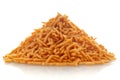 Close-up of Nimbu masala besan sev Indian namkeen snacks, Indian spicy snacks Namkeen, in a pile or heap, isolated over white