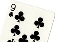 Close up of a nine of clubs playing card.