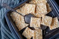 Close-up of no bake coconut crack bars