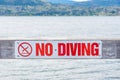 Close-up of No Diving sign on pier with view of Okanagan Lake and mountains in background Royalty Free Stock Photo