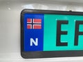 Close-up of Norwegian number plate showing N for Norway