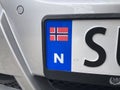 Close-up of Norwegian number plate showing N for Norway