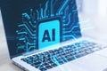 Close up of notebook with abstract glowing AI chip on blurry background. Artificial intelligence and innovation concept. Double