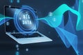 Close up of notebook with abstract round big data hologram with binary code on blurry light background. Stream information, Royalty Free Stock Photo