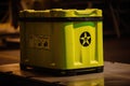 close-up of nuclear waste container, with the radioactive symbol clearly visible