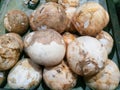 A close-up of numerous peeled, light-colored coconuts, appearing ready for processing or consumption Royalty Free Stock Photo