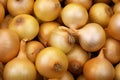 A close-up of numerous yellow onions with dry, papery skins, filling the frame with their golden tones.