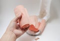 Close up nurse hand with bandage for wrapping splint to wound treatment