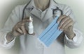 Close Up. Nurse Holding sprey, Nurse in a White Coat. Clinic