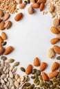 Close-up of nuts and seeds organized in a circular pattern on a white background Royalty Free Stock Photo