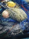 Close up of nylon fishing nets and plastic floats to use as background