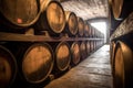 close-up of oak barrels aging whisky in a warehouse Royalty Free Stock Photo