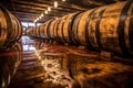 close-up of oak barrels aging whisky in a warehouse Royalty Free Stock Photo