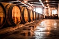 close-up of oak barrels aging whisky in a warehouse Royalty Free Stock Photo