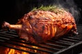 close-up of oak-smoked lamb shoulder with visible smoke