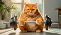 Obese Orange Cat Lifting Weights in Order to Lose Weight - Generative Ai