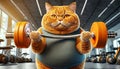 Obese Orange Cat Lifting Weights in Order to Lose Weight - Generative Ai