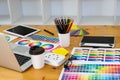 Close up object creative designs concept. Creative designs workplace with laptop, table, pencil color and color bar example on the