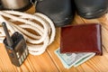 Close-up objects - walkie-talkie, rope and money Royalty Free Stock Photo