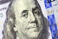 A close up of the obverse side of 100 USD one hundred American dollars bill features Benjamin Franklin on obverse and independence Royalty Free Stock Photo