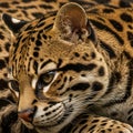 Close-up of an ocelot (Leopardus pardalis), featuring its distinctive yellowish-brown Royalty Free Stock Photo