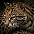 Close-up of an ocelot (Leopardus pardalis) with striking patterns of black rosettes and Royalty Free Stock Photo