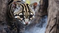 Closeup of an ocelot peering from behind a tree trunk with smoke in the foreground Royalty Free Stock Photo