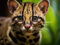 Close-up of an ocelot\'s face, with cat looking directly at camera. It is positioned in front of some greenery and Royalty Free Stock Photo